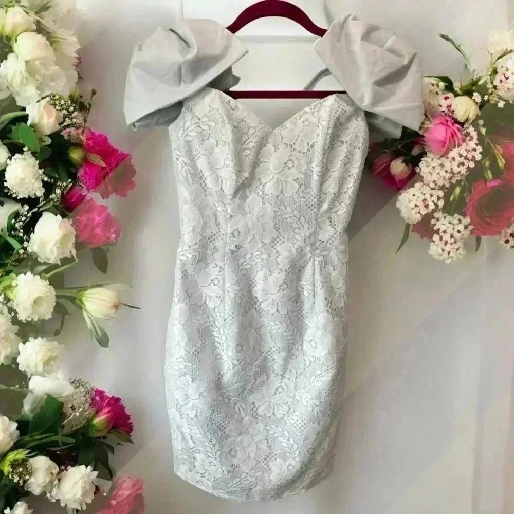 MOTB Jessica McClintock powder blue lace wiggle cocktail Gunne Sax Dress-3/4